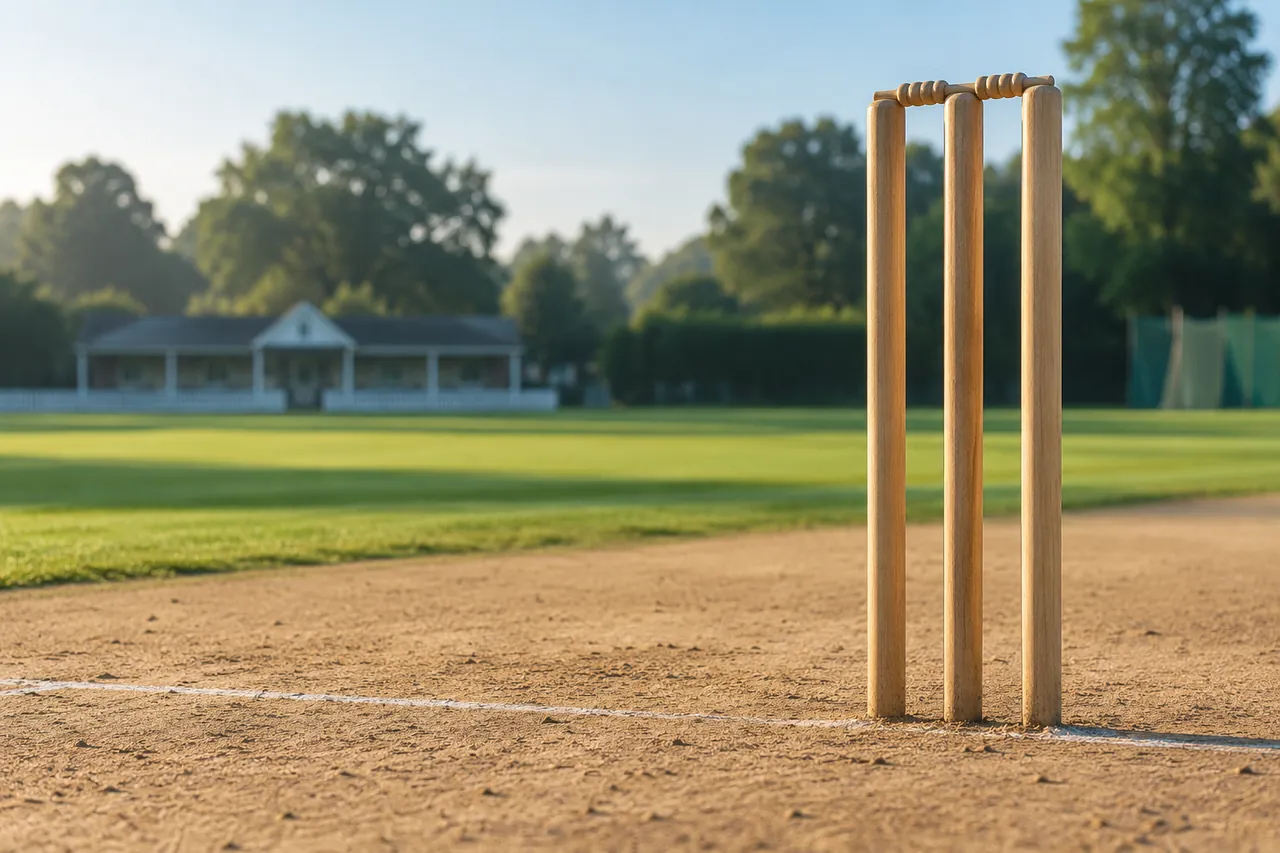 AI-generated illustration of wooden cricket stumps beside a crease