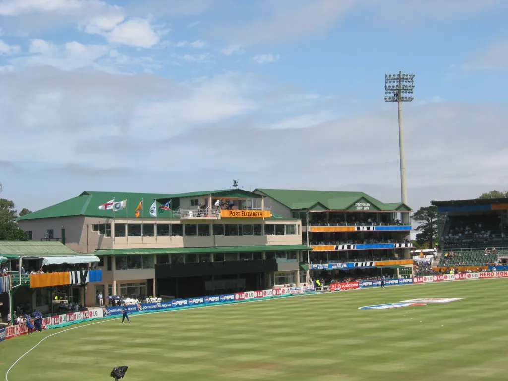 The green-roofed pavilion and outfield at St George's Park in a historical photograph.